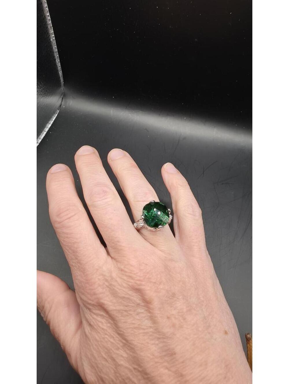Elegant Silver Tone Ring with Large Green Zirconia